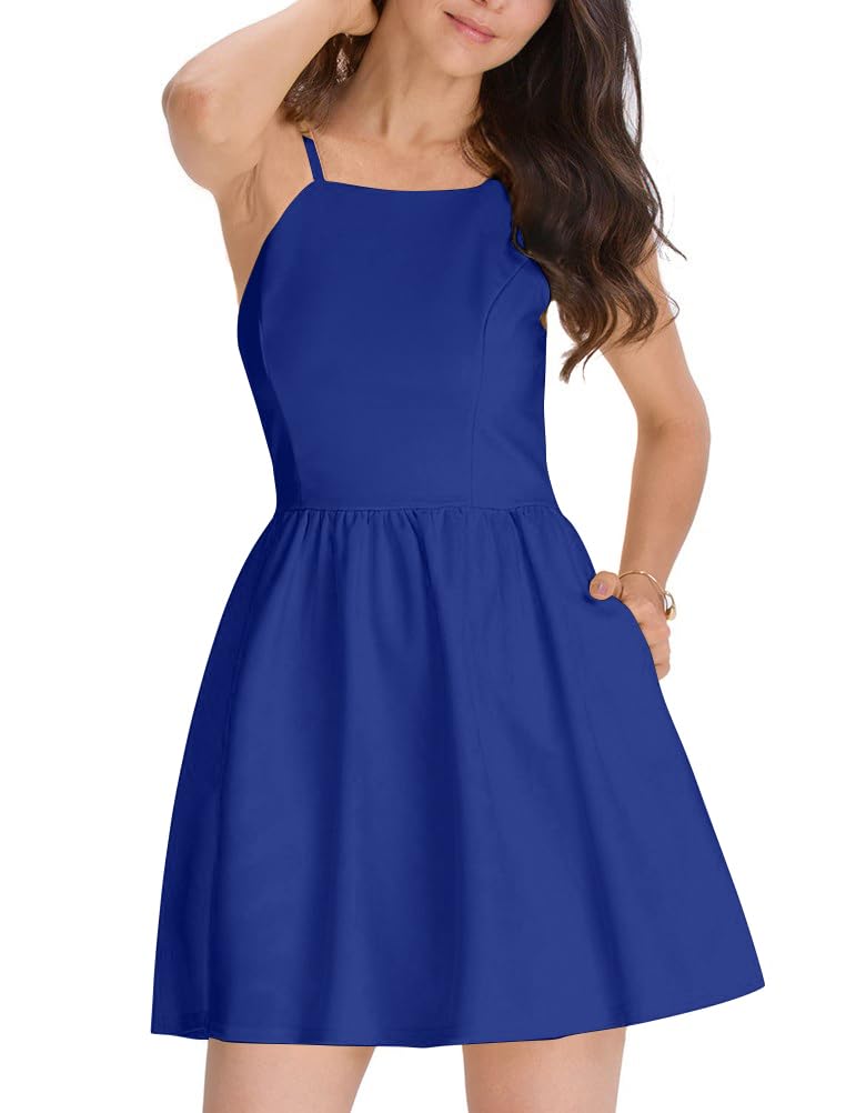 FANCYINN Women's Casual Short Dress Spaghetti Strap Backless Mini Skater Graduation Dress Royal Blue S - Image 2